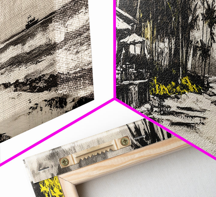 Beachside Restaurant, Ocean Waves, Coastal Cafe, Palm Trees, Framed Canvas Print, Tropical Wall Art, Living Room Art, Nautical Decor