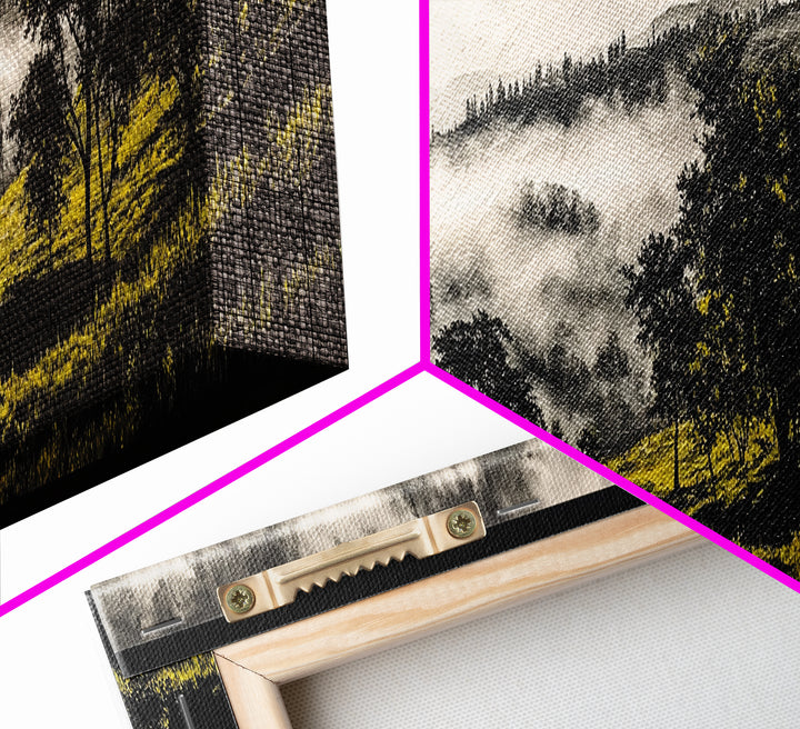 Rolling Hills, Misty Landscape, Moody Mountain Art, Nature Inspired Decor, Framed Canvas Print, Living Room Wall Art, Dramatic Foggy Scene