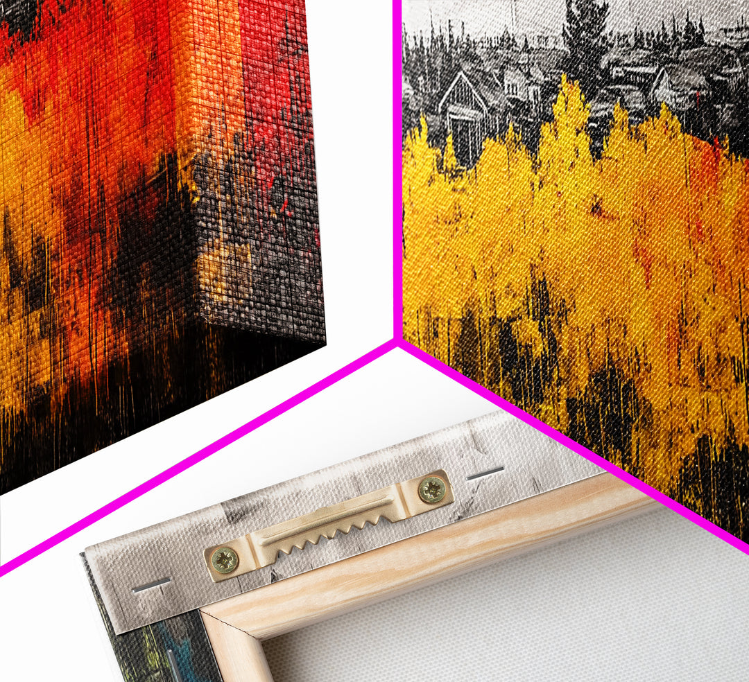 Autumn Trees, Village Scene, Vibrant Fall Decor, Warm Seasonal Print, Nature Inspired Artwork, Living Room Wall Art, Framed Canvas Print