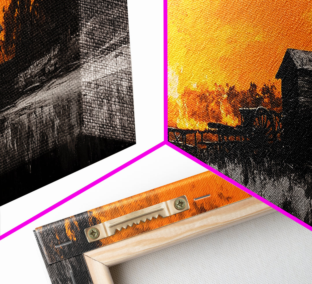 Farm Sunset, Old Barn, Fiery Sky, Rustic Landscape, Framed Canvas Print, Country Wall Art, Western Home Decor, Harvest Season Artwork