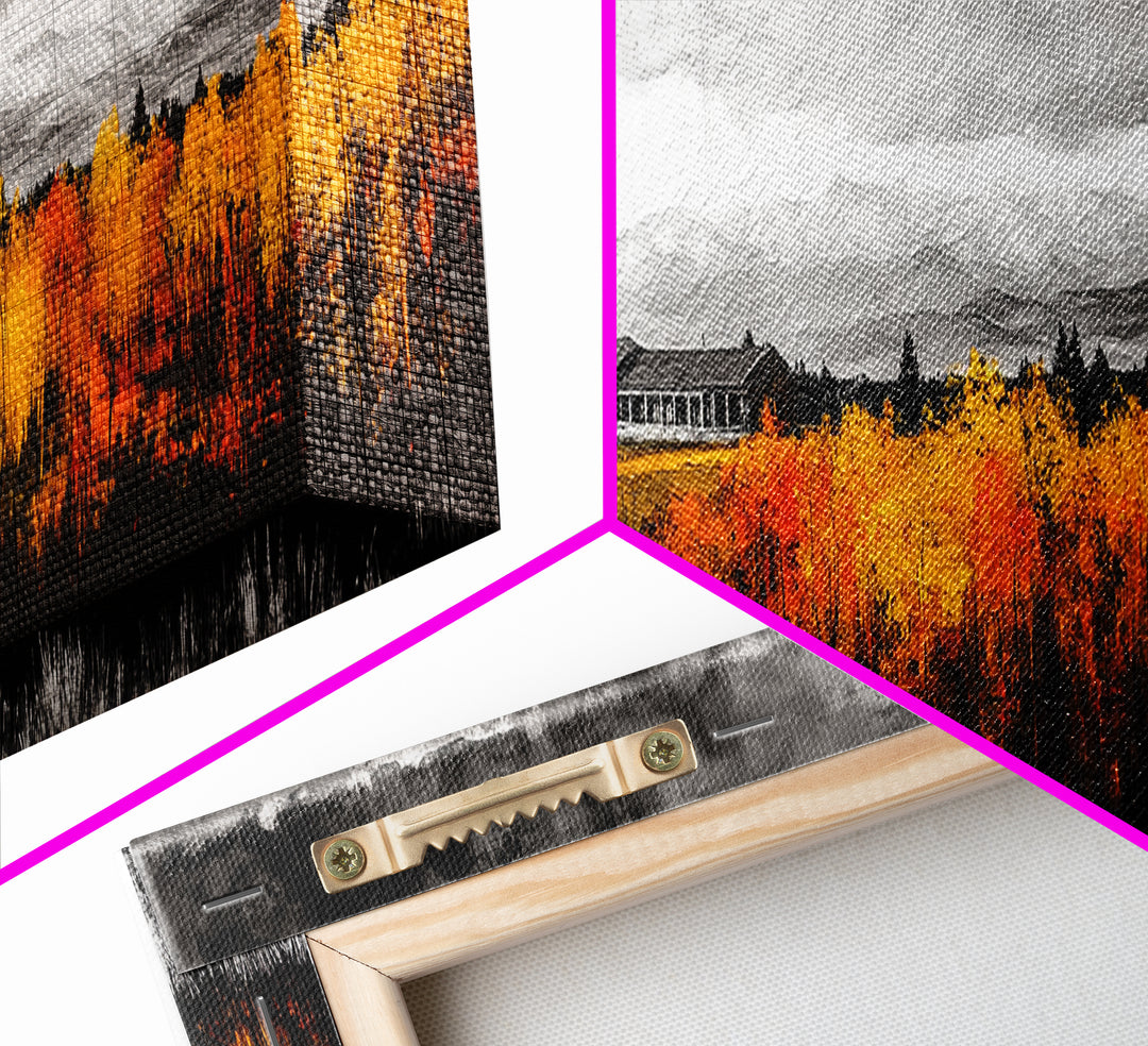 Autumn Landscape, Rustic Cabin Art, Mountain View, Fall Trees, Country Home, Black and White, Living Room Decor, Framed Canvas Print