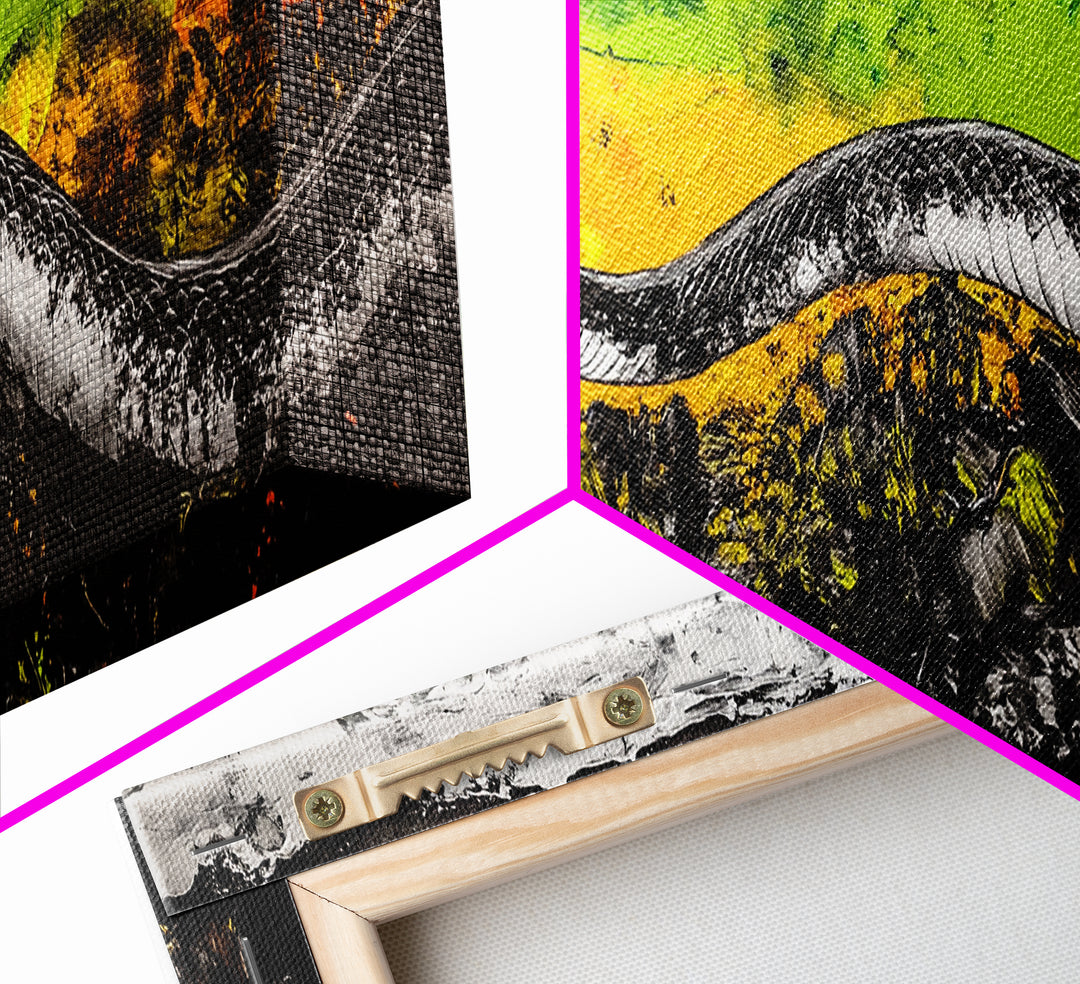 Abstract Snake, Vibrant Reptile Art, Jungle Theme, Wildlife Painting, Green and Yellow, Bold Nature Print, Framed Canvas Print