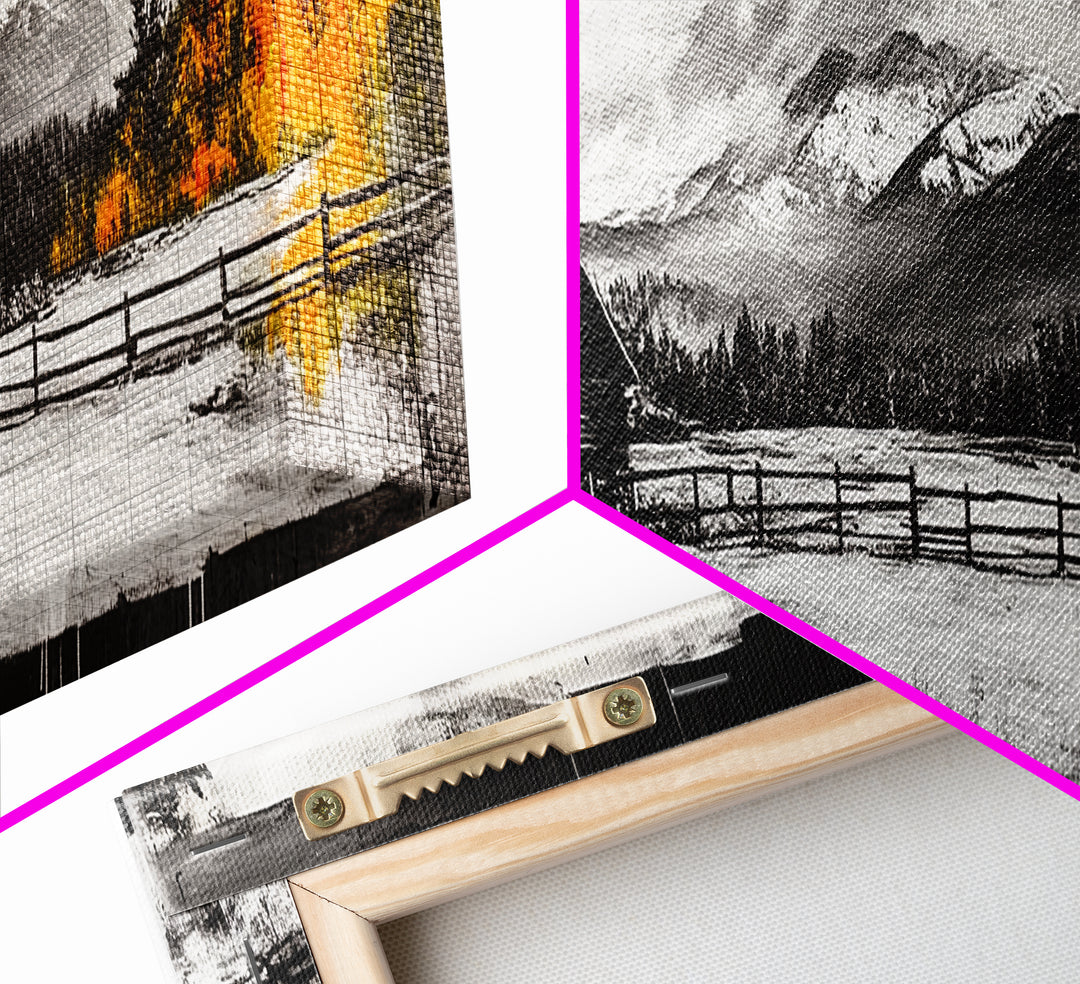 Cabin in Mountains, Rustic Winter Scene, Black and White Art, Fall Forest Accent, Cozy Lodge, Living Room Decor, Framed Canvas Print