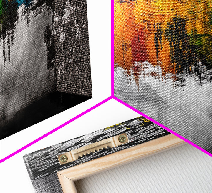 Colorful Reflection, Abstract Water Art, Nature Painting, Autumn Trees, Vibrant Colors, Black and White Contrast, Canvas Print