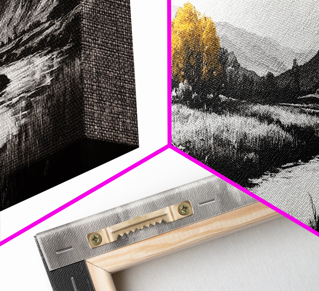 River Landscape, Rustic Nature Art, Black and White with Yellow Accent, Peaceful Scenery, Living Room Decor, Canvas Print