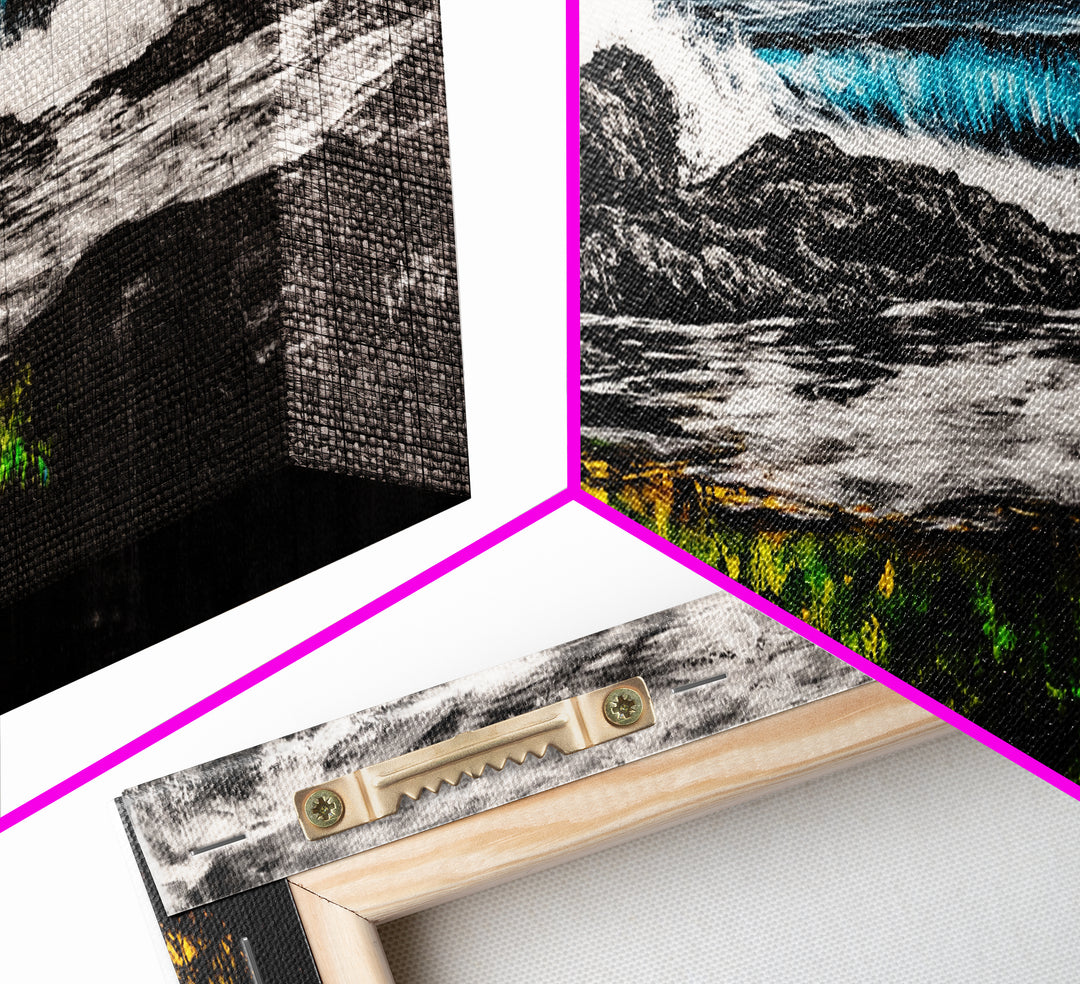 Rocky Shore, Crashing Waves, Black White Blue, Framed Canvas Print, Ocean Wave Painting, Surf Art, Minimalist Coastal Decor