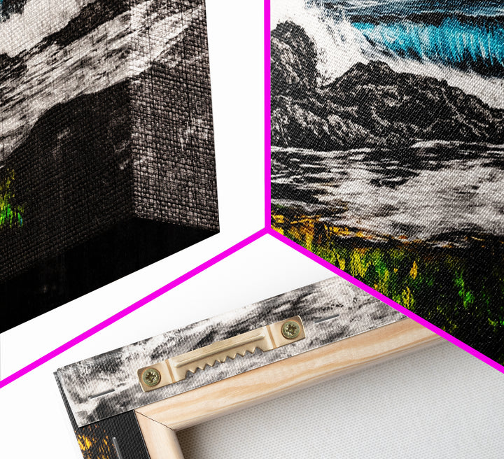 Rocky Shore, Crashing Waves, Black White Blue, Framed Canvas Print, Ocean Wave Painting, Surf Art, Minimalist Coastal Decor