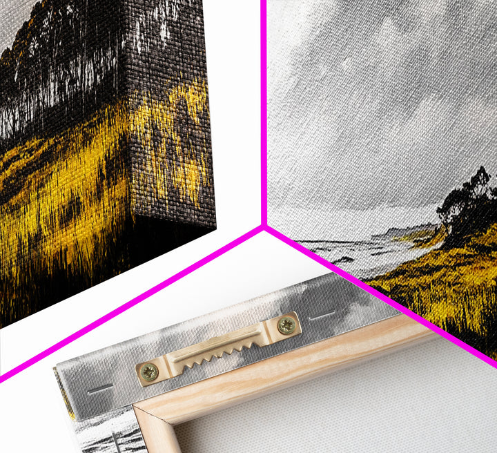 Coastal Serenity, Yellow Field, Stormy Sky, Canvas Print, Ocean Landscape, Beach House Art, Modern Nature Painting, Living Room Wall Decor