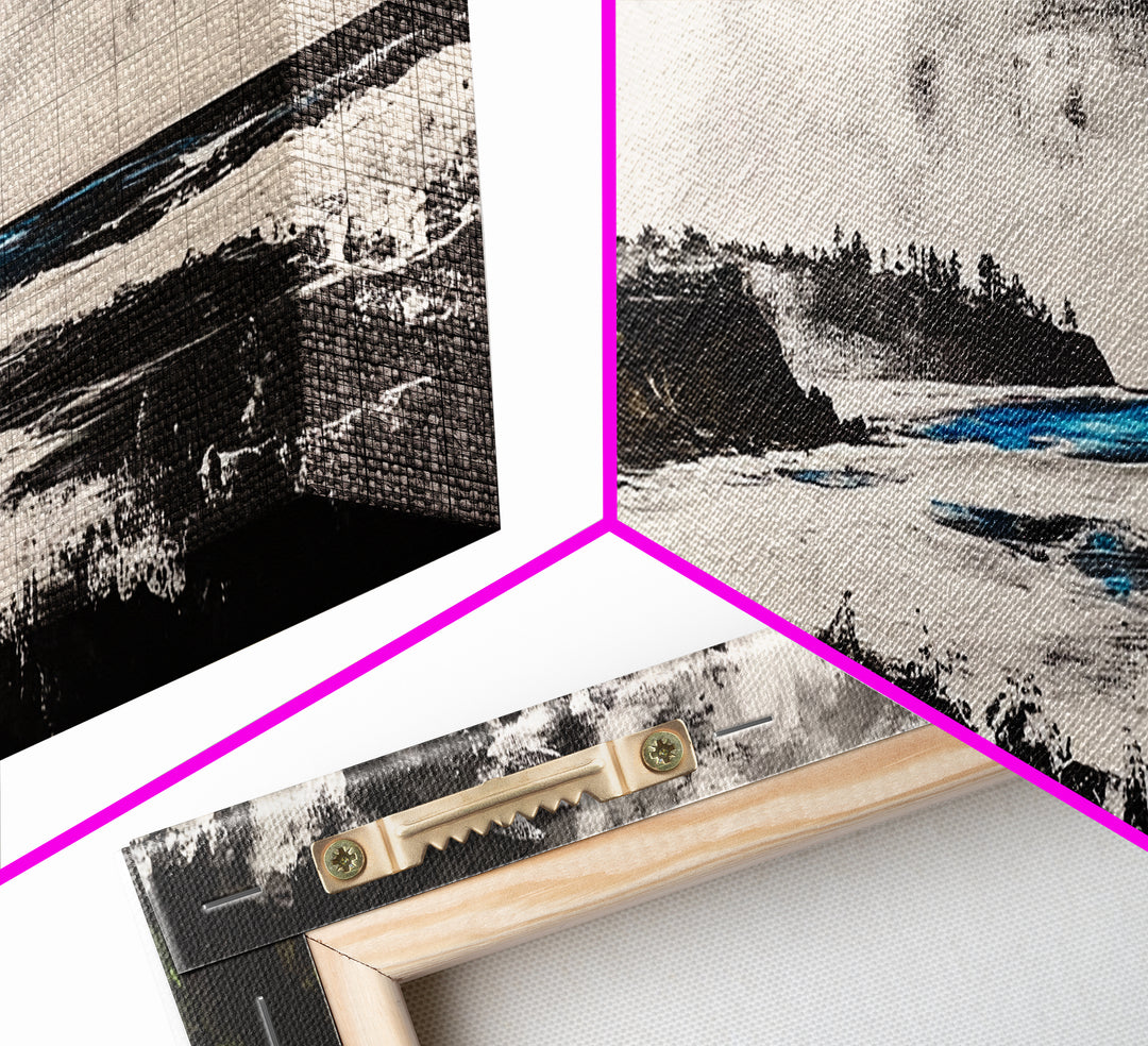 Coastal Cliffs, Stormy Beach, Framed Canvas Print, Ocean Landscape, Nautical Home Art, Black and White Coastal Print, Office Decor