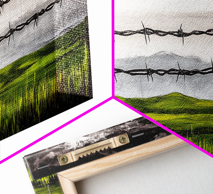 Barbed Wire Art, Rural Landscape Print, Farmhouse Wall Decor, Countryside Canvas Print, Rustic Living Room Art, Framed Canvas Print