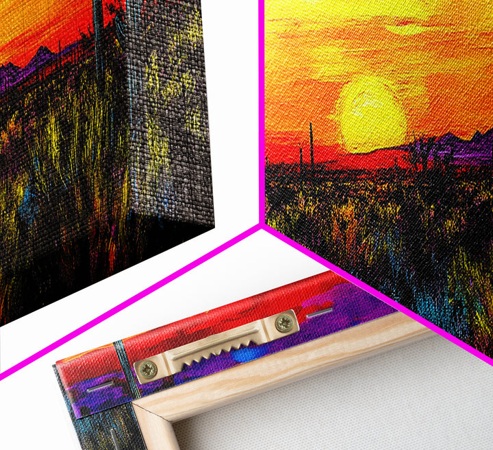 Desert Sunset Art, Vibrant Cactus Painting, Warm Boho Landscape, Southwestern Wall Decor, Bold Nature Print, Framed Canvas Print