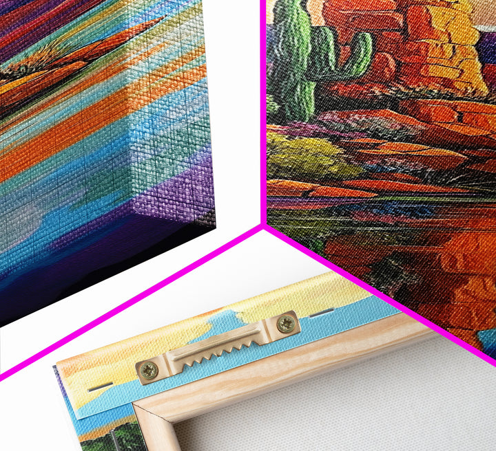 Desert Cactus, Reflection Art, Framed Canvas Print, bold southwest landscape, cacti and red rock lake scene, rustic style living room wall art