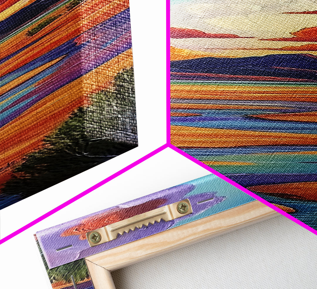 Desert River, Sky Painting, Framed Canvas Print, warm southwestern stream view landscape, bold clouds, boho decor, office wall art