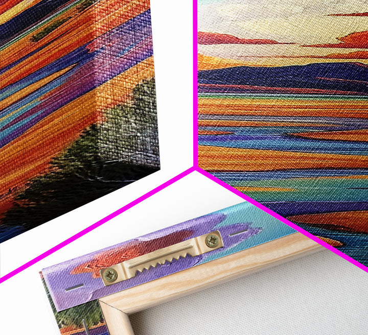 Desert River, Sky Painting, Framed Canvas Print, warm southwestern stream view landscape, bold clouds, boho decor, office wall art