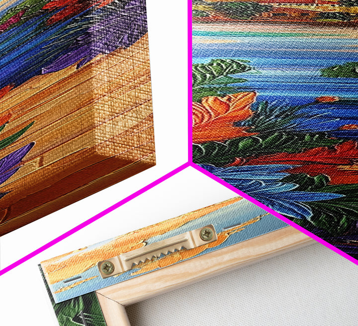 Path Garden, Village Painting, Framed Canvas Print, whimsical tropical pathway, village view, bold colorful foliage, hallway wall art, boho style
