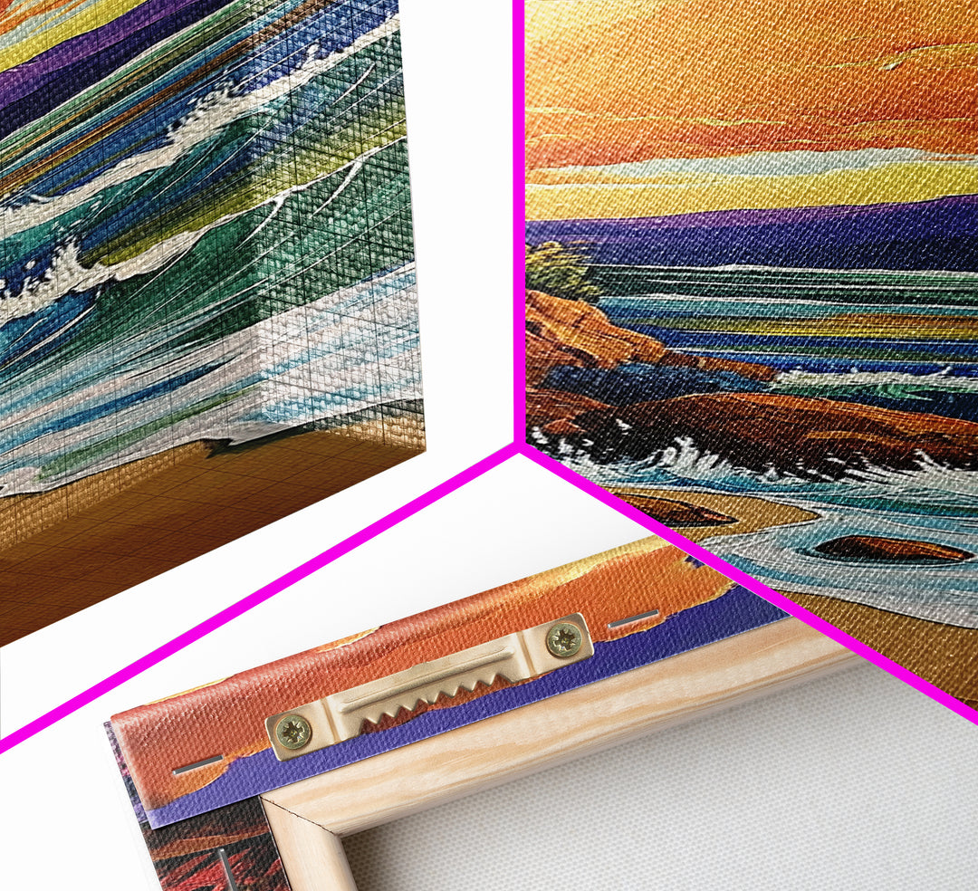 Beach Cliffs, Sunset Painting, Framed Canvas Print coastal cliffside view with crashing waves vibrant beach wall art tropical living room décor