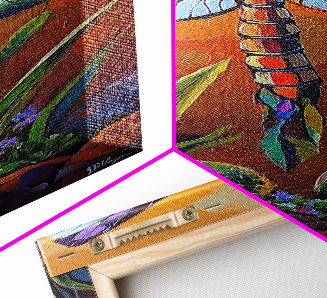 Dragonfly Wings, Garden Sunset, Whimsical insect decor Canvas Print, vibrant boho nature wall art, entryway statement piece