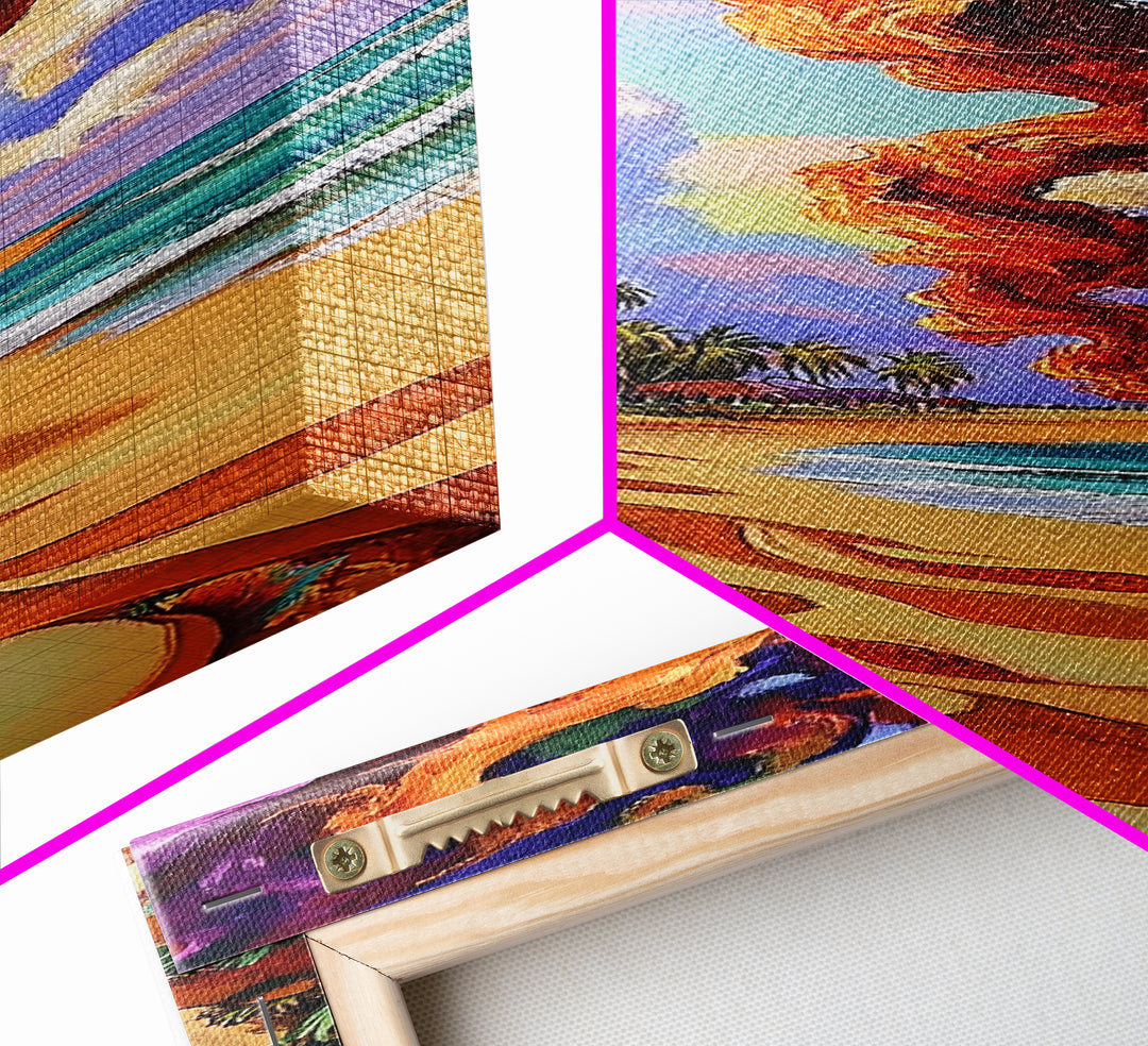 Coastal Smoke Vibes Art, Framed Canvas Print vibrant beach painting with purple and orange smoke, tropical sunset art, boho home decor