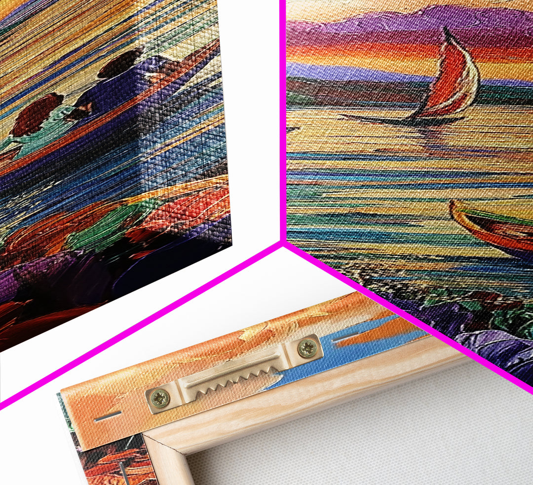 Boats Sunset, Romance Adventure, Canvas Print vibrant sailboats at sunset painting, romantic couple art, nautical wall decor, boho accent