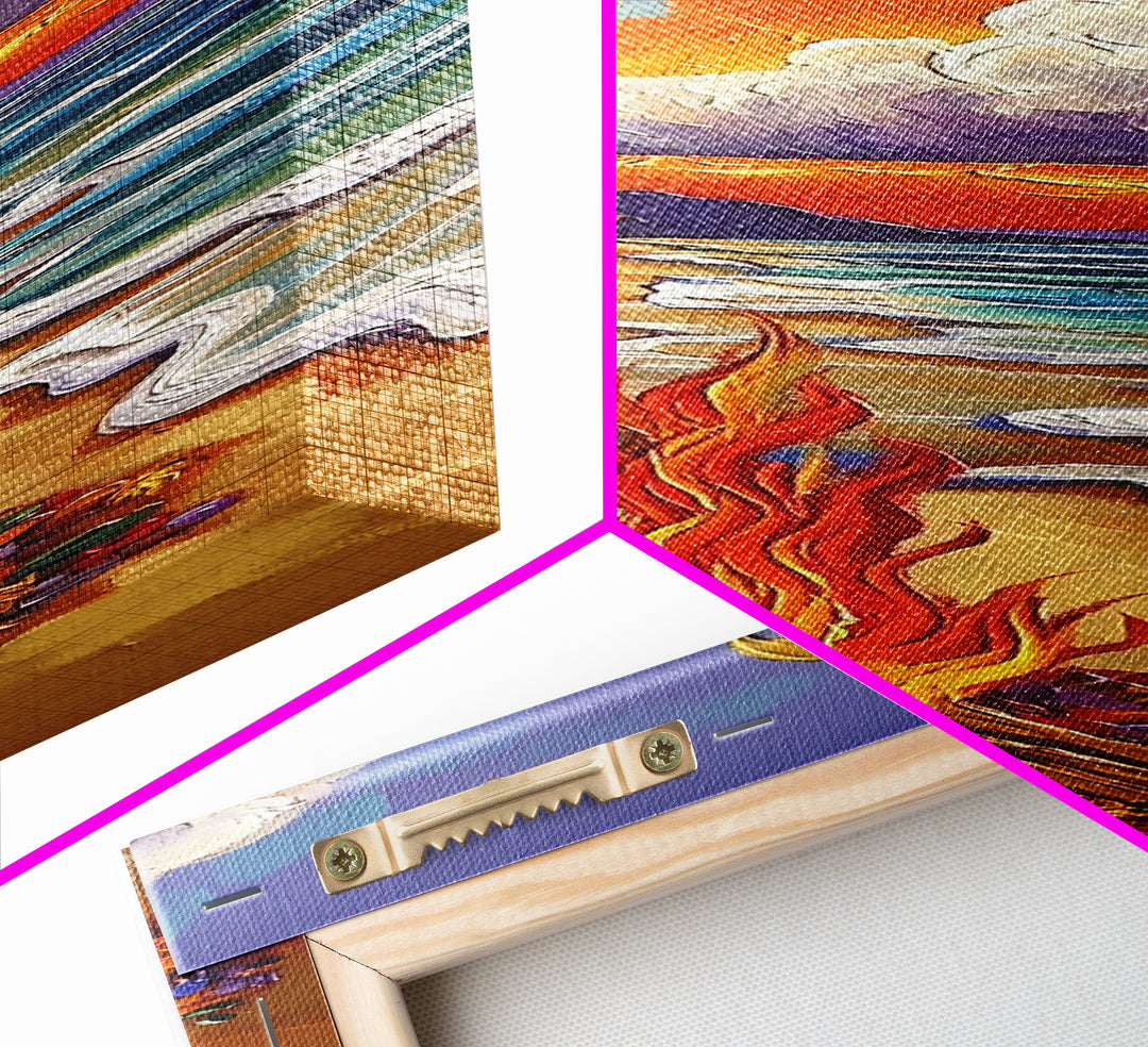 Beach Bonfire, Tropical Sunset, Palm Trees, Framed Canvas Print, coastal beach wall art, summer living room or patio decor, boho ocean vibe