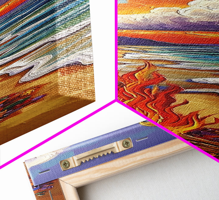 Beach Bonfire, Tropical Sunset, Palm Trees, Framed Canvas Print, coastal beach wall art, summer living room or patio decor, boho ocean vibe