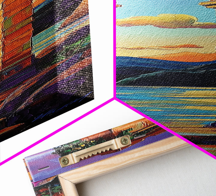 Archway, Sunset, Stone Portal, Dreamscape Framed Canvas Print, Mediterranean Wall Art, Spiritual Decor, Eclectic Entryway Accent, Sunset Painting