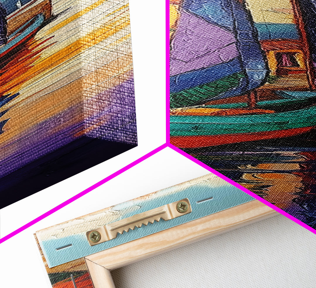 Boats, Harbor, Coastal Village, Mediterranean Scene Framed Canvas Print, Nautical Wall Decor, Vibrant Harbor Painting, Dining Room Accent Art