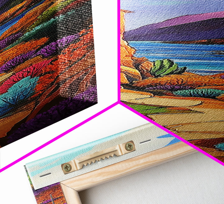 Desert, Path, Cactus, Vibes - Framed Canvas Print, Southwest Landscape Wall Art, Living Room Colorful Boho Art, Mediterranean Path Painting