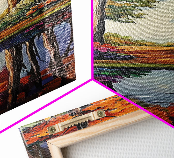 Autumn, Trees, Reflection, Forest - Framed Canvas Print, Fall Foliage Wall Art, Nature Scene Living Room Decor, Warm Seasonal Forest Painting