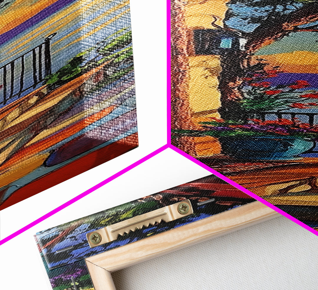 Doorway, Ocean, Mediterranean, Flowers, Framed Canvas Print, Mediterranean doorway wall art, ocean view canvas print, flower entryway painting