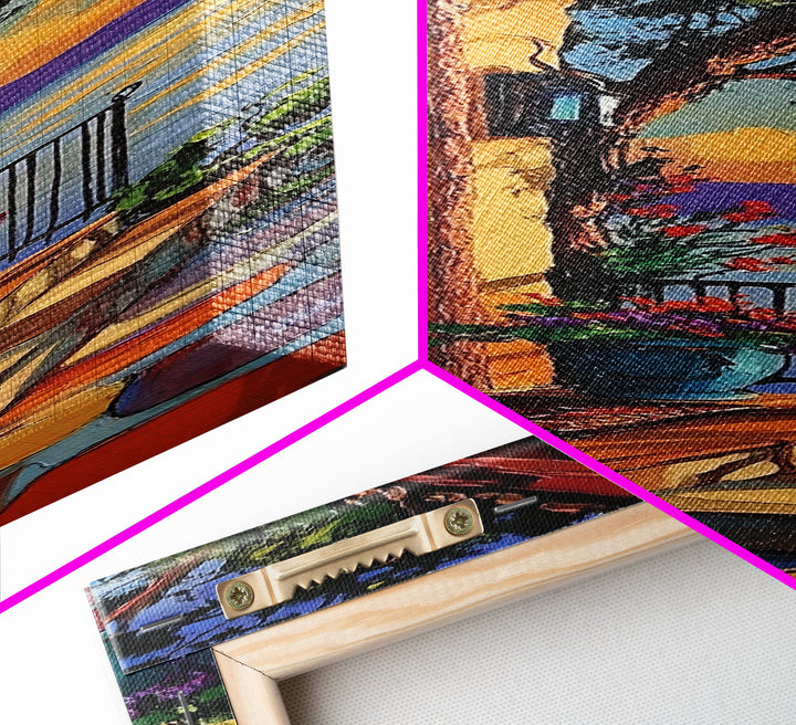 Doorway, Ocean, Mediterranean, Flowers, Framed Canvas Print, Mediterranean doorway wall art, ocean view canvas print, flower entryway painting