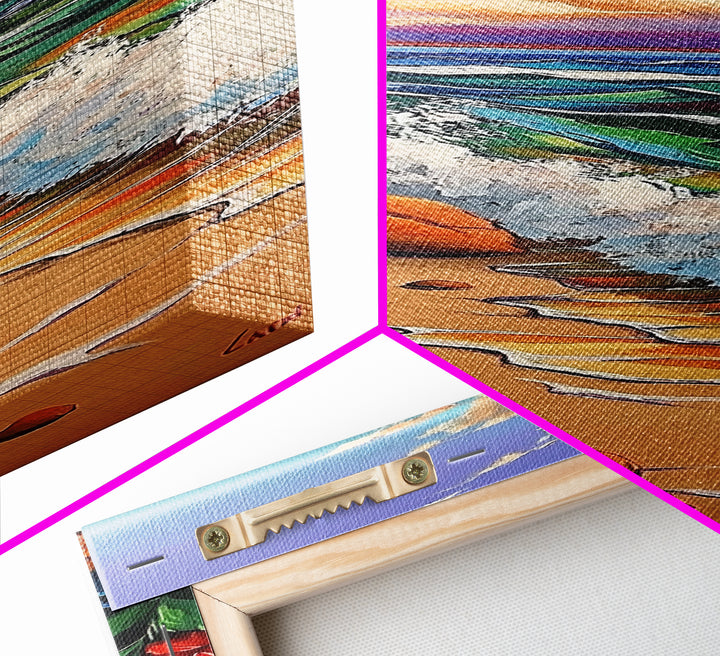 Coastal Flowers, Waves Sunset, Framed Canvas Print, Beach Art, Seaside Wall Decor, Tropical Artwork, Living Room Coastal Decor, Ocean Art