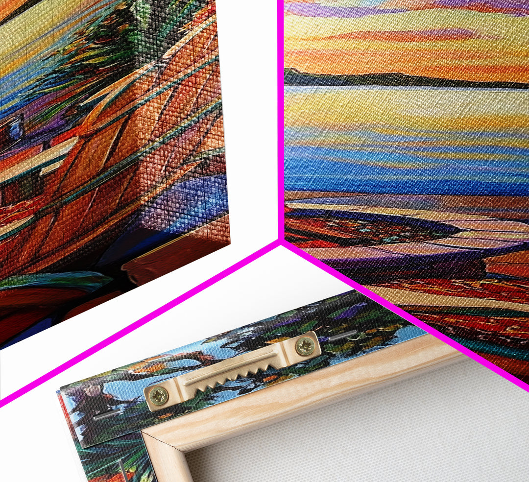 Campfire, Sunset, Retreat, Outdoors, Framed Canvas Print, Cozy Patio Wall Art, Autumn Landscape Decor, Rustic Cabin Vibes, Warm Living Room Art