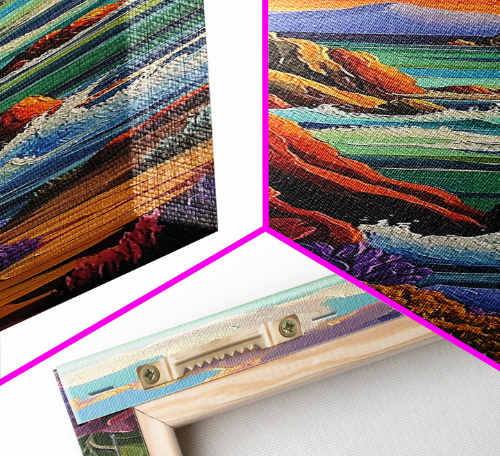 Coastal, Sunset, Seascape, Vibes, Framed Canvas Print of ocean cliffs and crashing waves, modern coastal wall art, beach house decor