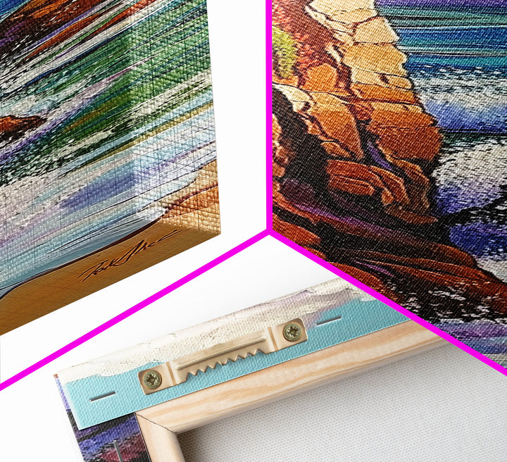 Cliff, Ocean, Waves, Nature, Framed Canvas Print of dramatic coastal waves, serene beach art, bathroom wall decor, ocean lover gift