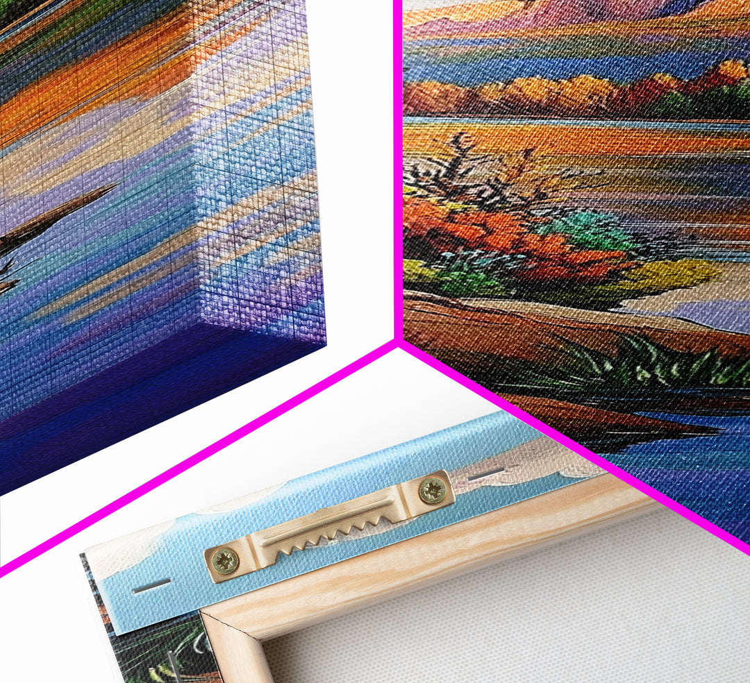 Autumn, Pines, Lake, Serenity, Framed Canvas Print with fall forest reflection, rustic cabin decor, cozy living room art, woodland scene