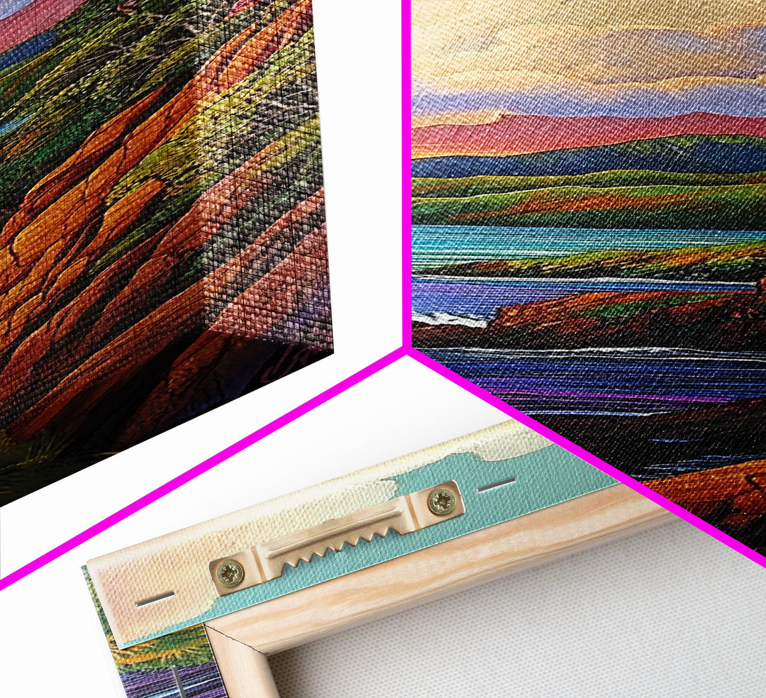 Coastal, Sunset, Cliffs, Horizon, Framed Canvas Print, Bold ocean view in painterly style, perfect Living Room Wall Art or Nature Inspired Decor