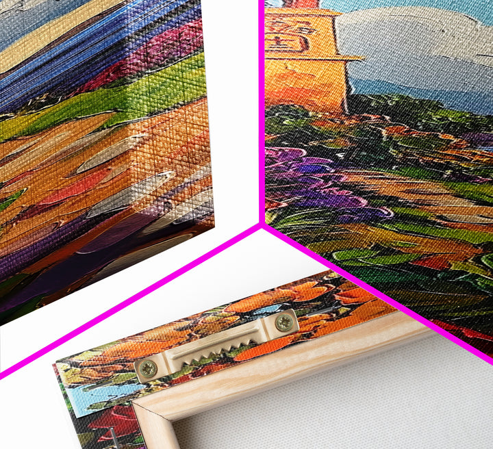 Coastal Bell Tower, Floral Pathway, Mediterranean Seaside Art, Vibrant Garden Style, Fall Home Accent, Framed Canvas Print