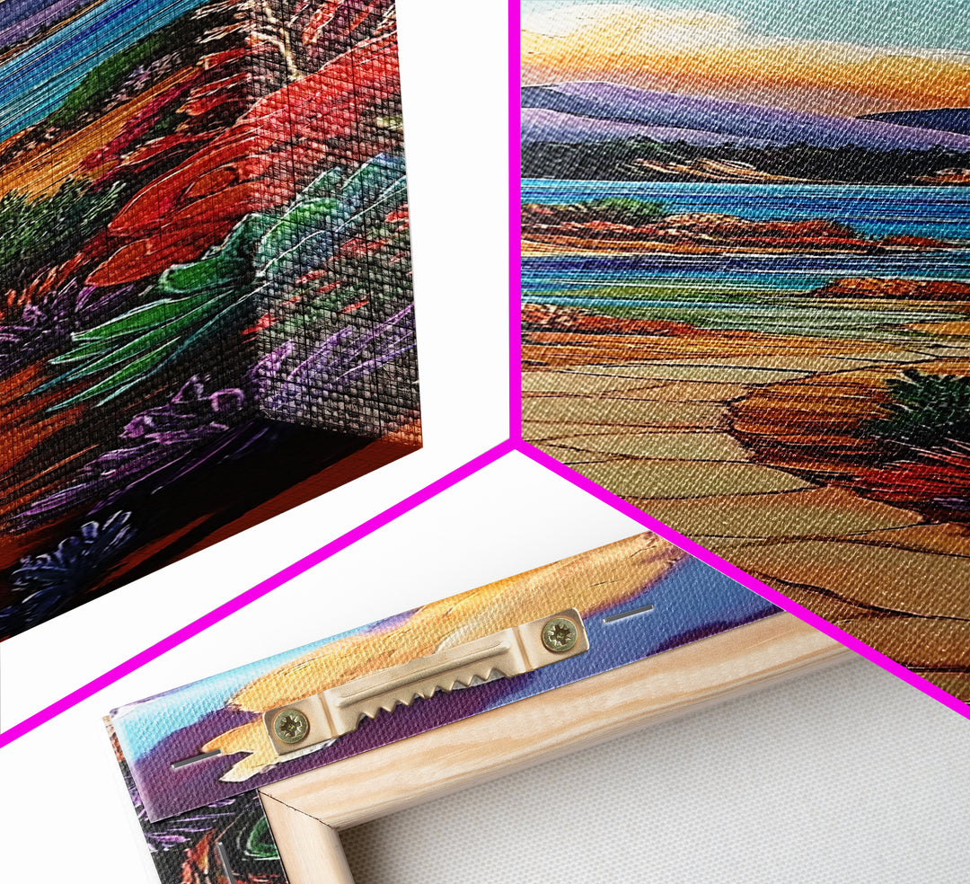 Coastal Trail, Ocean Cliffs, Vibrant Shoreline Art, Tropical Nature Decor, Scenic Summer Landscape, Framed Canvas Print