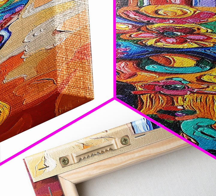 Decorative Handle, Floral Carving, Vibrant Artisan Wall Art, Baroque Boho Style, Eclectic Entryway Decor, Framed Canvas Print