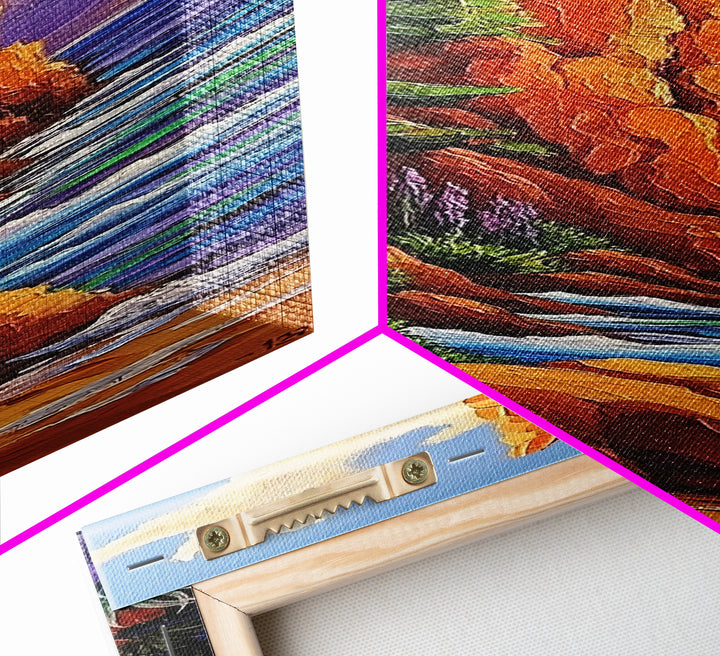 Rocky Shore, Wildflowers, Nature Trail, Framed Canvas Print, autumn coastal wall art, mountain and sea landscape, rustic home decor