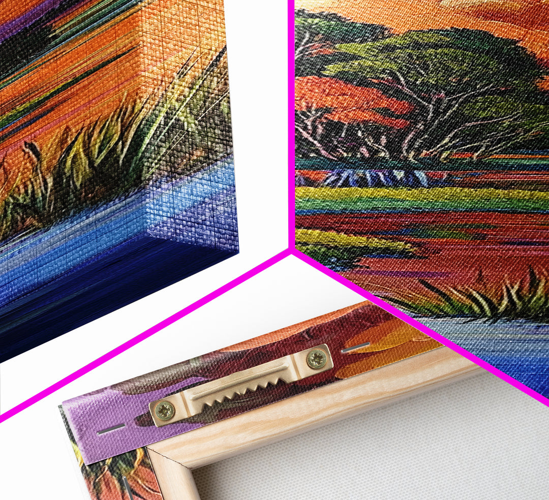 Autumn Marsh, Sunset Glow, Serene Trees, Framed Canvas Print, warm fall landscape art, peaceful country home decor, boho wall design