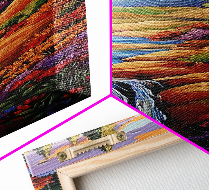 Autumn Waterfall, Flowers, Pathway, Framed Canvas Print, fall waterfall art, floral canyon decor, rustic landscape, living room wall art