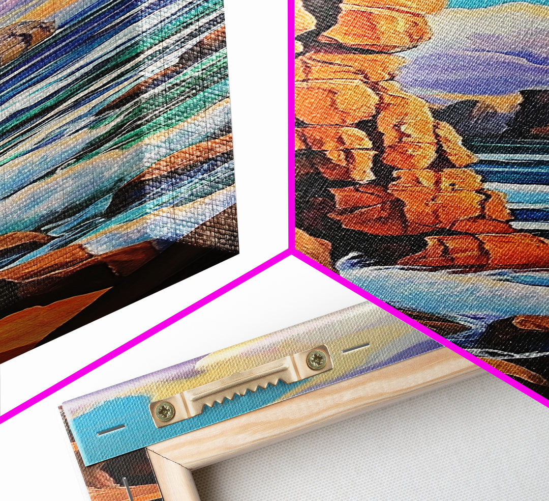 Coastal Cliffs, Ocean, Sunset, Framed Canvas Print, Bold coastal cliffs wall art, dramatic seascape beach decor, contemporary ocean painting