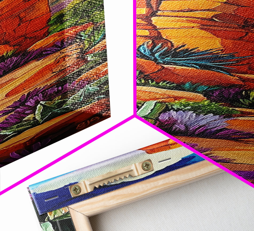 Desert Rock, Cactus, Trail – Canvas Print desert landscape art, boho western decor, rustic cactus painting, hallway wall decor, earthy tones