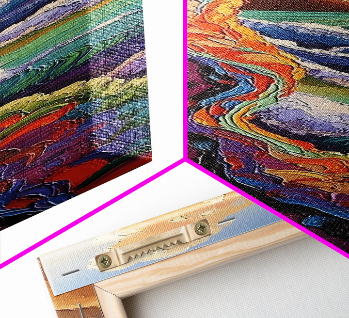 Cliffside Ocean, Rainbow, Waves – Canvas Print bold beach artwork, coastal living room art, tropical ocean scene, textured vibrant painting