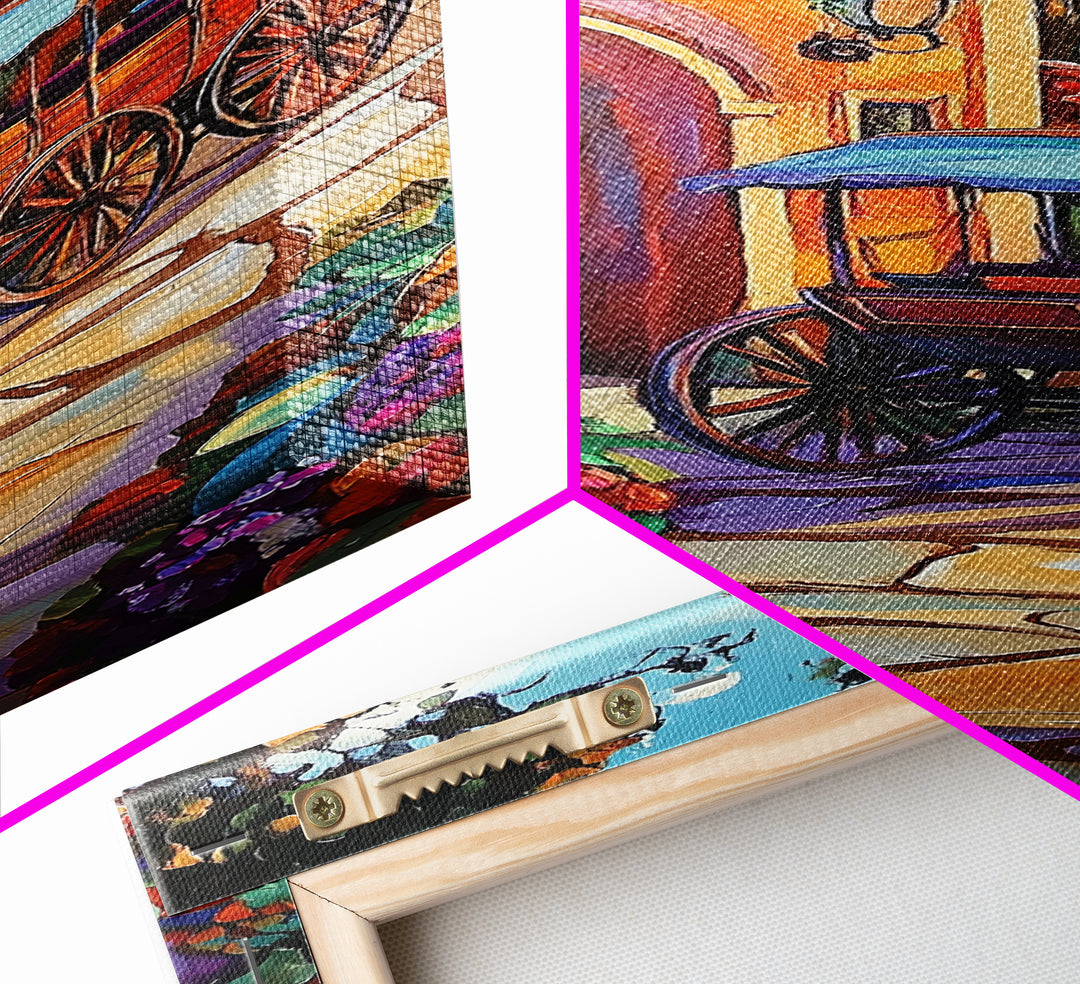 Cart Villa, Garden, Framed Canvas Print, Vibrant Mexican courtyard with wooden cart painting, hacienda decor, hallway rustic wall art