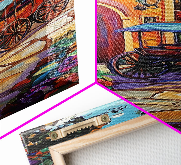 Cart Villa, Garden, Framed Canvas Print, Vibrant Mexican courtyard with wooden cart painting, hacienda decor, hallway rustic wall art