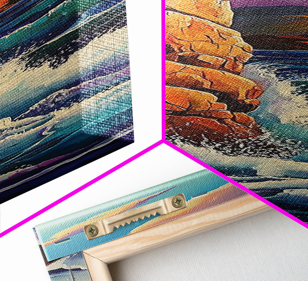 Ocean Rocks, Cliffs, Framed Canvas Print, Dramatic rocky shoreline painting with crashing waves, coastal landscape art, living room decor