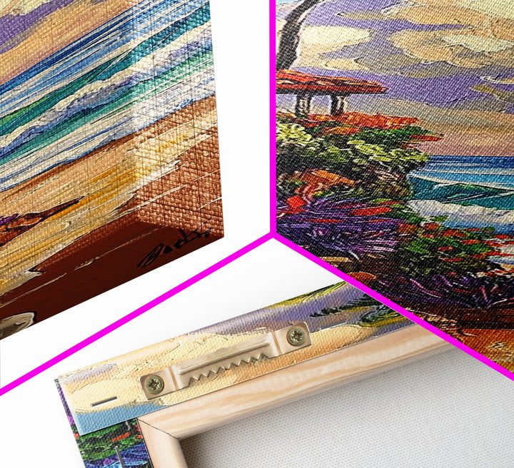 Coastal Villa, Surf, Tropics Canvas Print Mediterranean villa by the sea art, surfboard and tropical plants, boho beach decor, hallway print